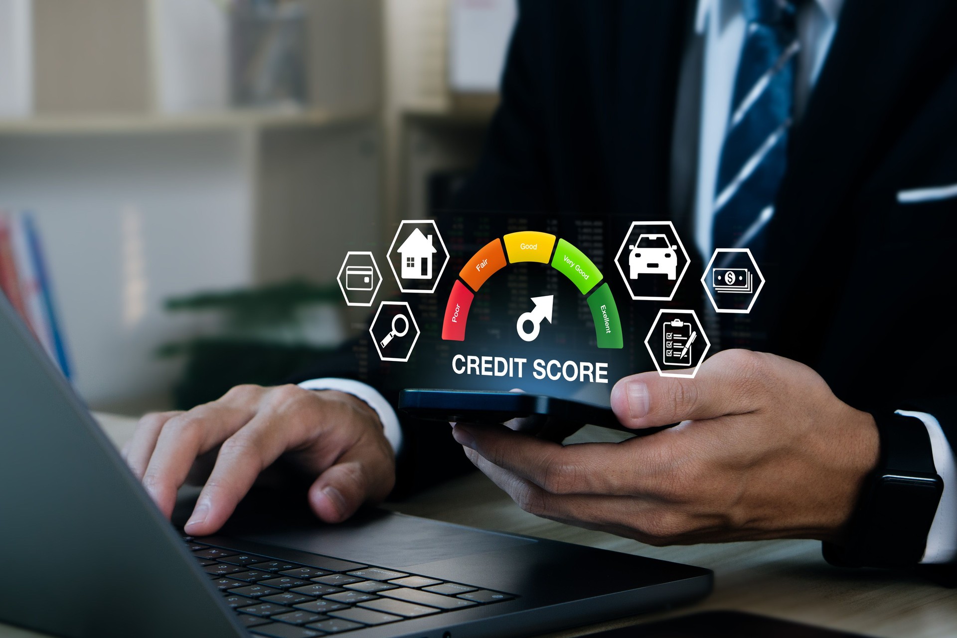 Credit score concept.Businessman evaluate customer statistical data with credit score icon. Online credit score ranking check. Loan, mortgage and payment cards.