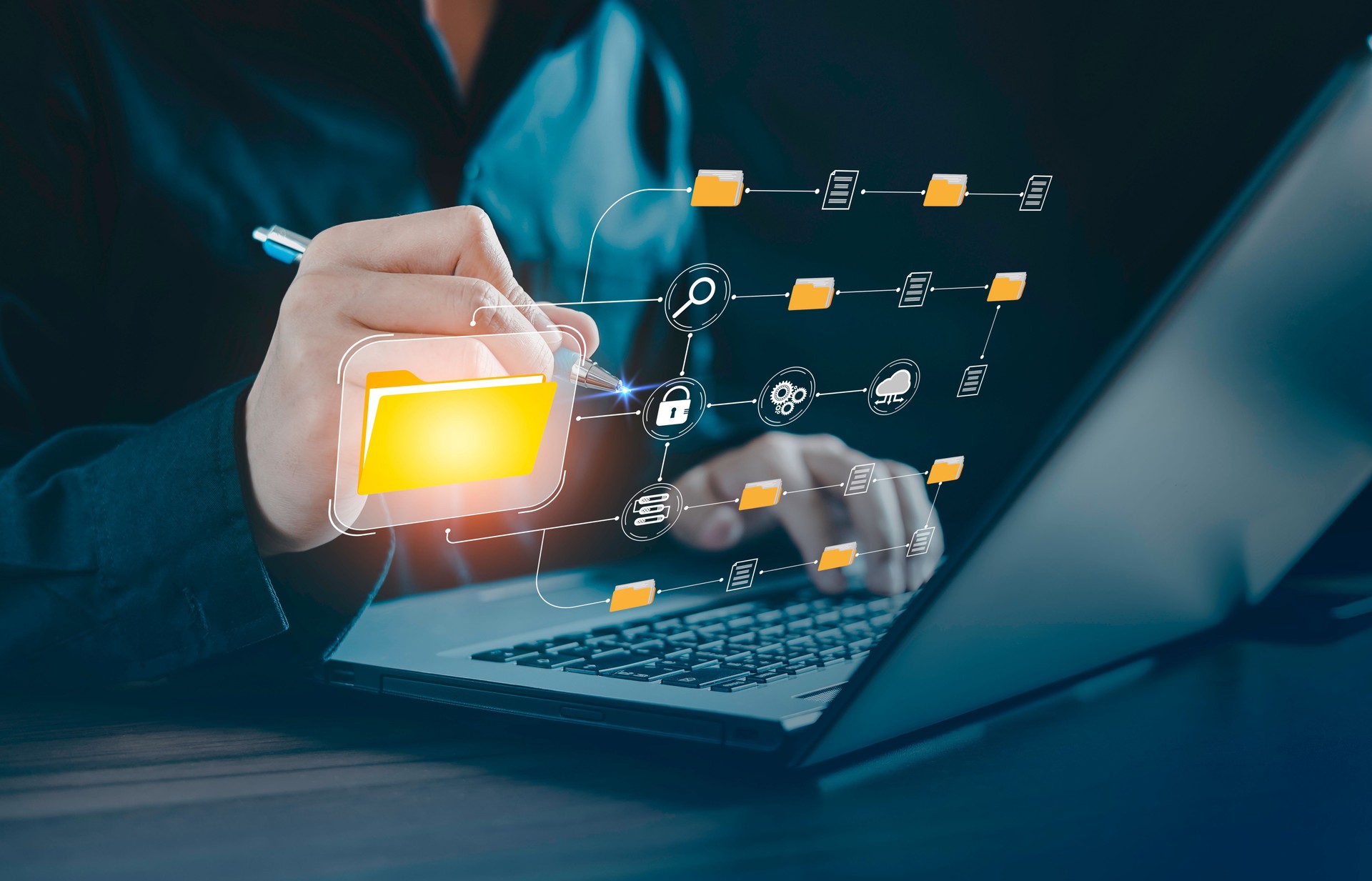 DMS document Management System, Businessman pointing folder icon to use technology software for management document, professional, digital, Smart office paperless, Electronic document, Cloud service.